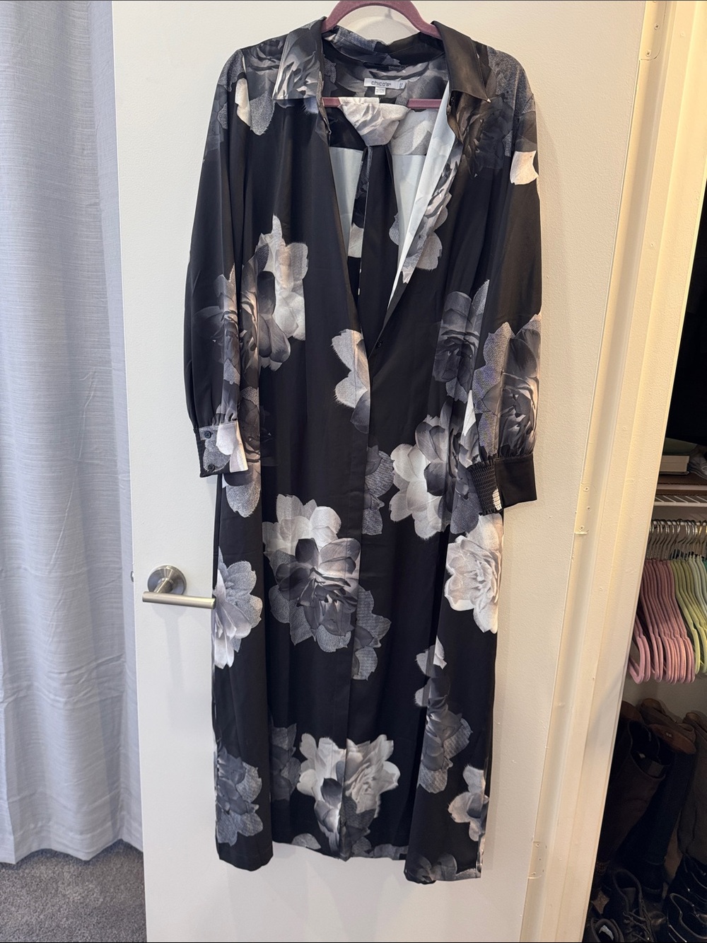Chico's Black & White Floral Maxi Shirt Dress
